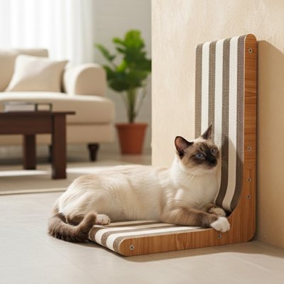 Griffoir chat beige avec chat blanc couché 