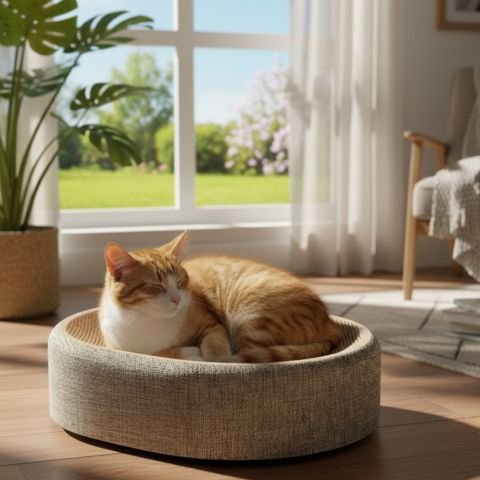Griffoir chat beige avec chat roux endormi