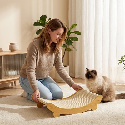 Griffoir Chat beige avec femme et chat roux assis