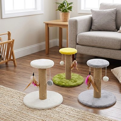 Griffoir Chat  beige avec plateformes et balle suspendue