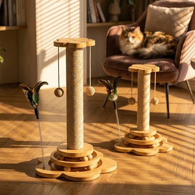 Griffoir Chat beige moderne dans salon lumineux