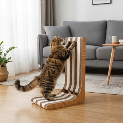 Griffoir chat bois avec chat tigré qui grimpe