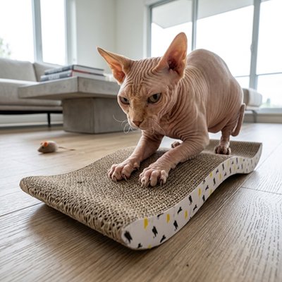 griffoir Chat carton avec chat beige assis sur