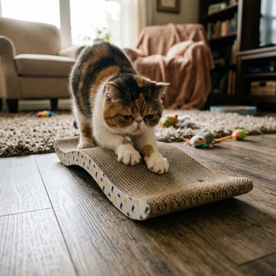 griffoir Chat carton avec chat blanc qui joue sur griffoir incurvé