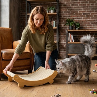 Griffoir Chat carton avec chat gris blanc dans le salon