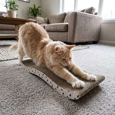griffoir Chat carton avec chat roux qui s’étire au salon