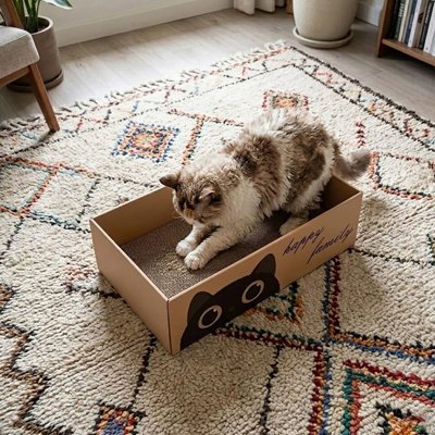 griffoir Chat carton dans salon moderne beige