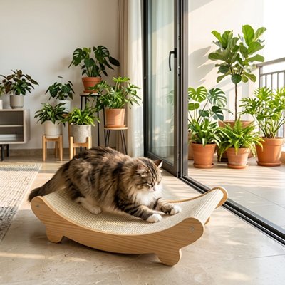 Griffoir Chat design en bois avec chat relaxe