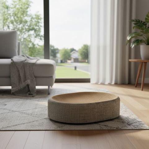 Griffoir chat rond beige dans salon lumineux