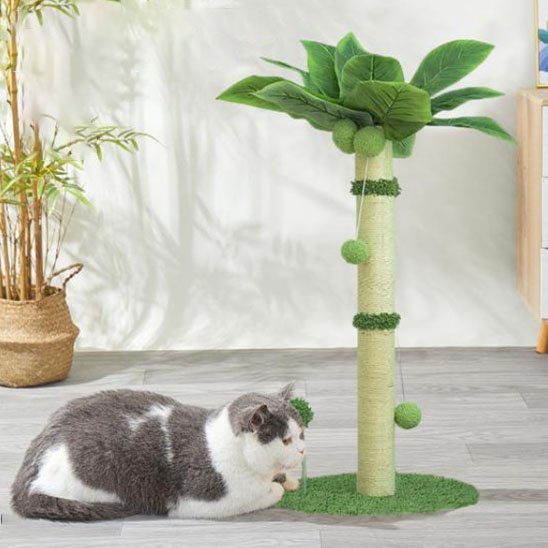 Griffoir chat tropical avec chat gris allongé
