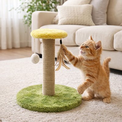 Griffoir Chat vert avec chat roux assis à côté