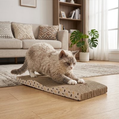 griffoir en carton pour Chat beige dans salon lumineux
