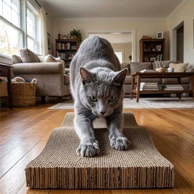 griffoir en carton pour Chat gris sur parquet intérieur