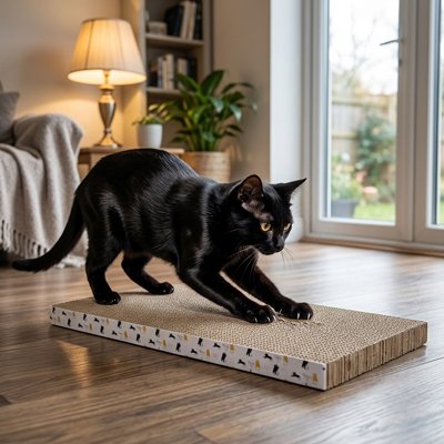 griffoir en carton pour Chat noir dans salon lumineux