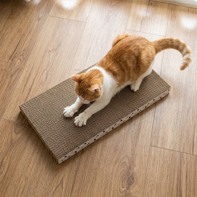 griffoir en carton pour Chat roux sur parquet moderne