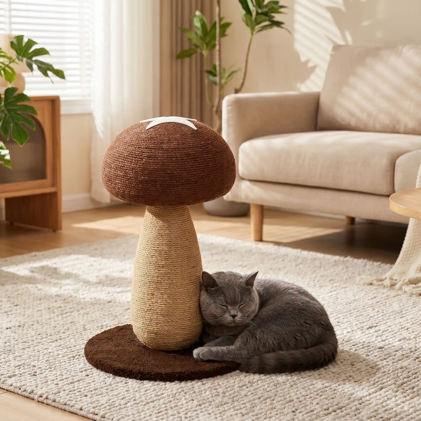 Chat gris dormant contre griffoir pour chat cocooning design