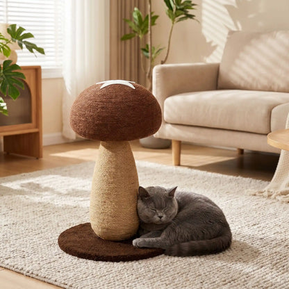 Chat gris dormant contre griffoir pour chat cocooning design