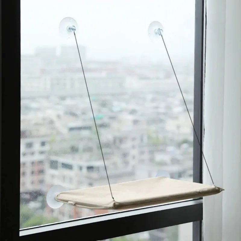 hamac chat beige fixé à la fenêtre 