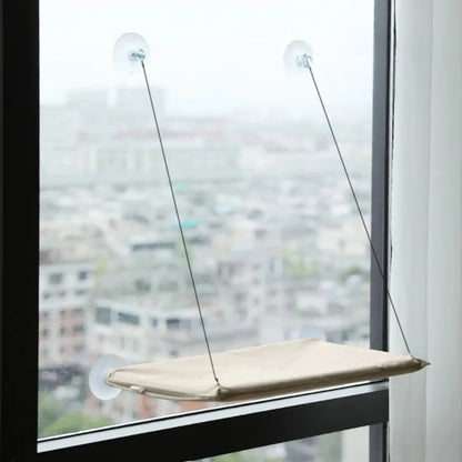 hamac chat beige fixé à la fenêtre 