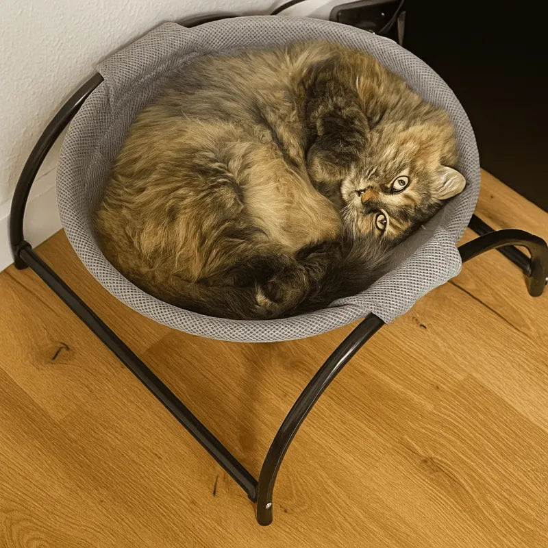 hamac chat respirant gris avec structure en métal et chat couché
