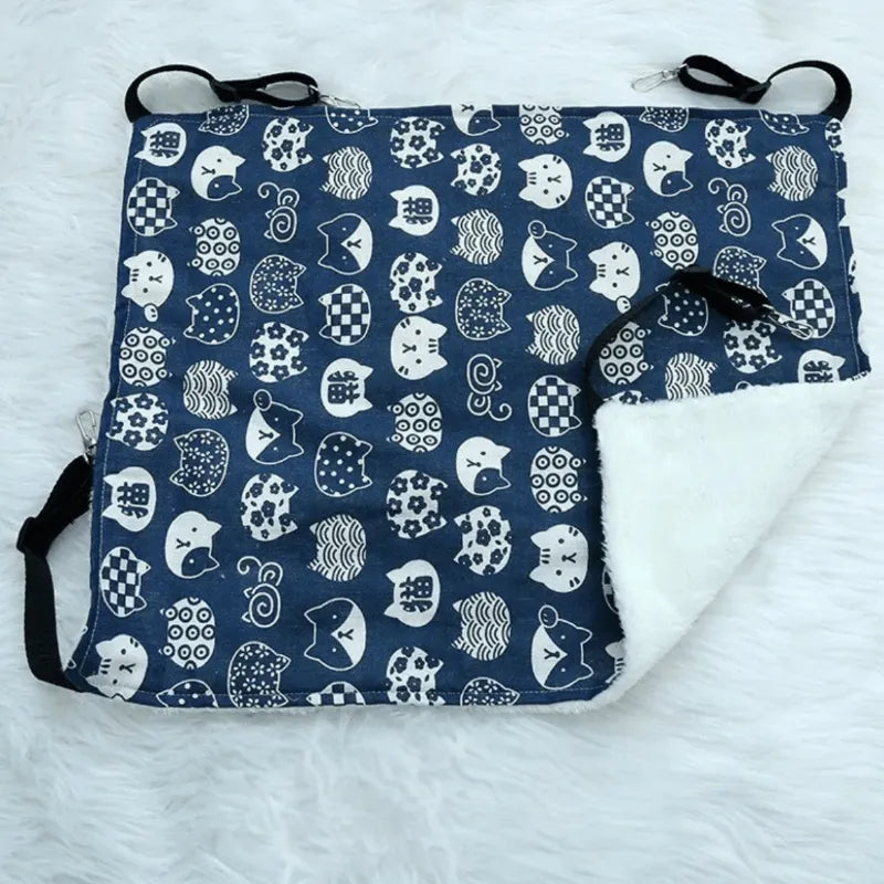 hamac chat suspendu bleu avec motif tête de chat blanc