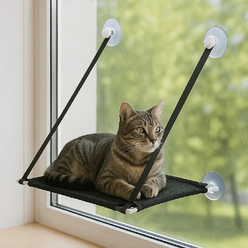 hamac pour chat maille respirante noire avec chat gris couché