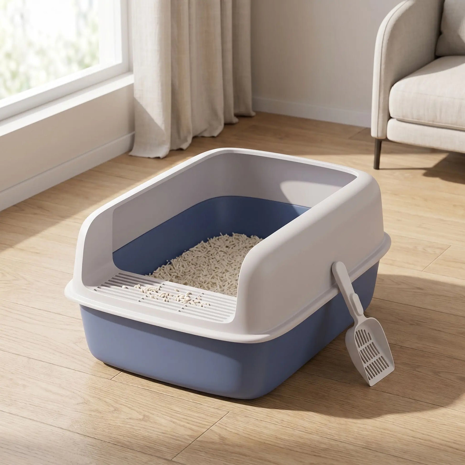 Litière chat bleue avec pelle anti projection