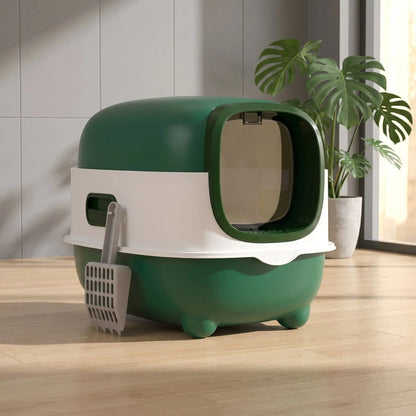 litiere chat fermée verte avec un plante