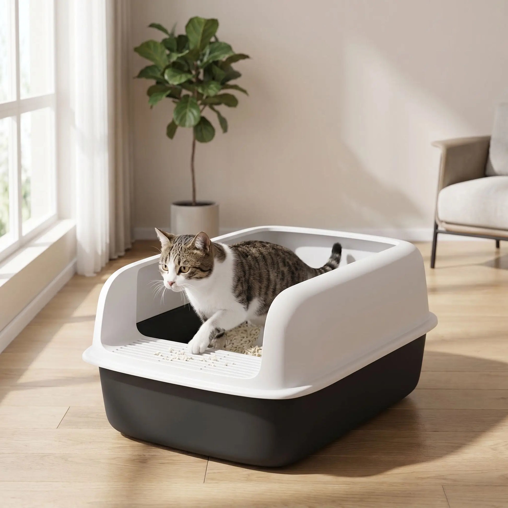 Chat sort d’une litière chat noire anti projection propre