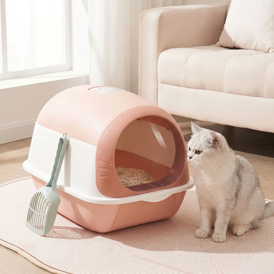 Litière fermée pour chat rose chat blanc