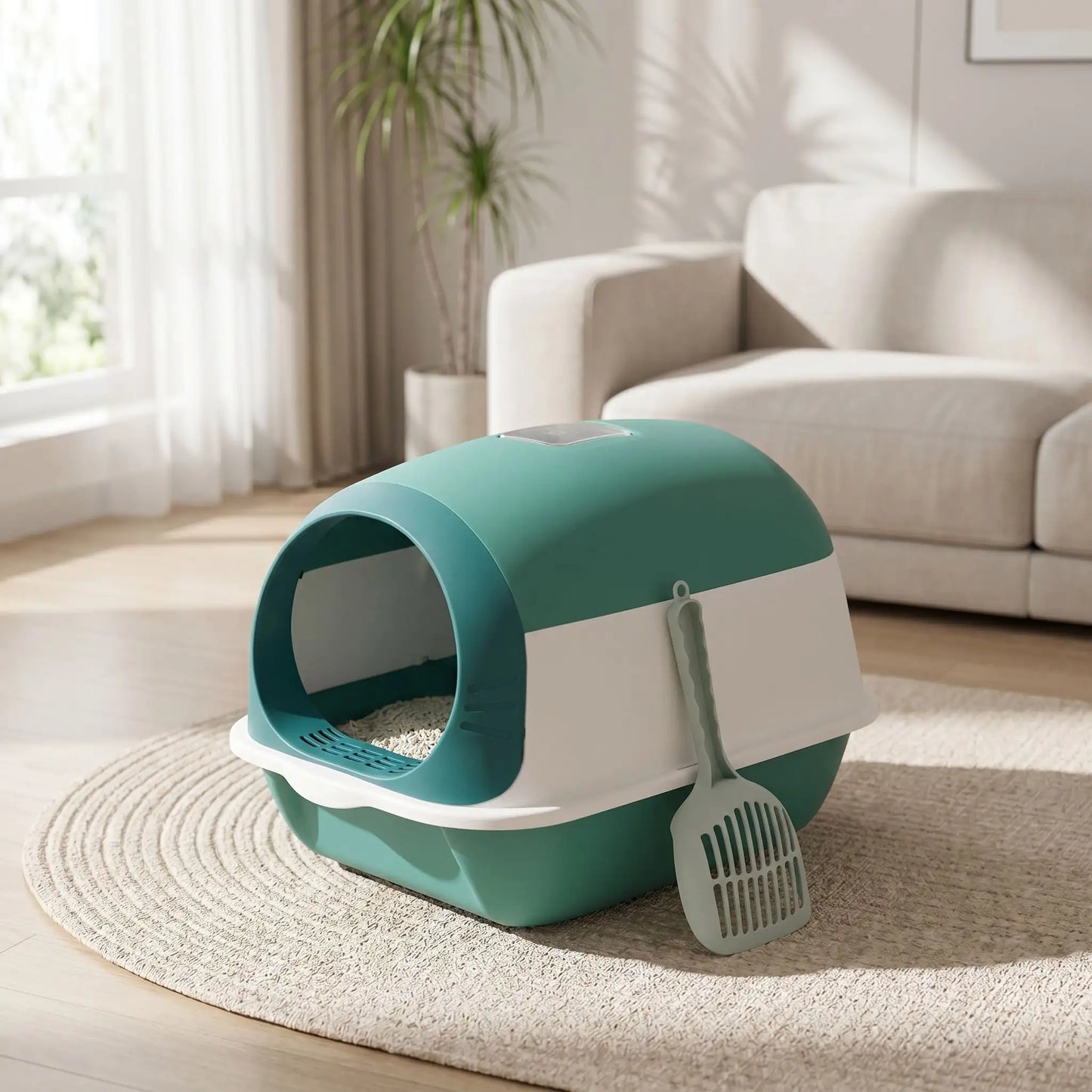 Litière fermée pour chat vert salon