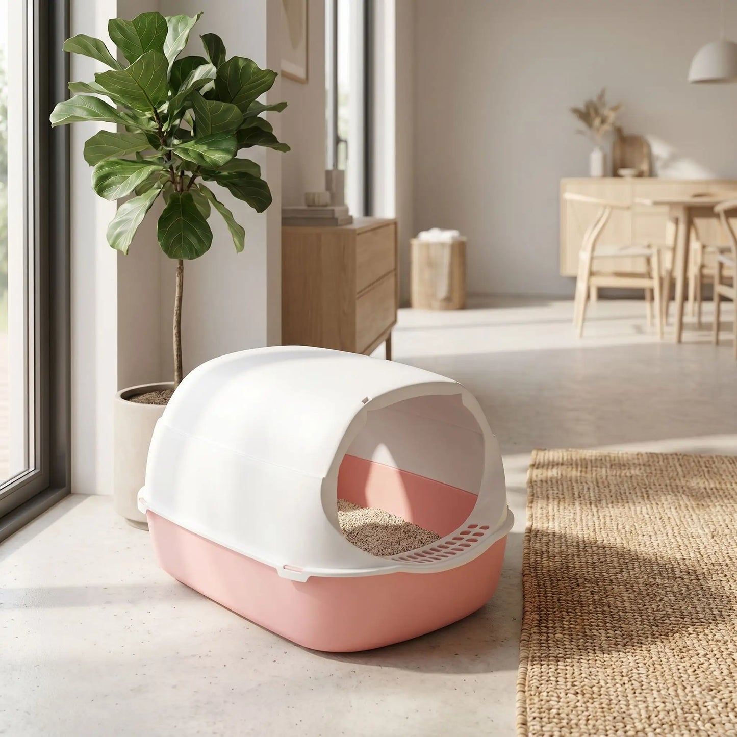 litiere fermée pour chat rose avec chat intérieur propre