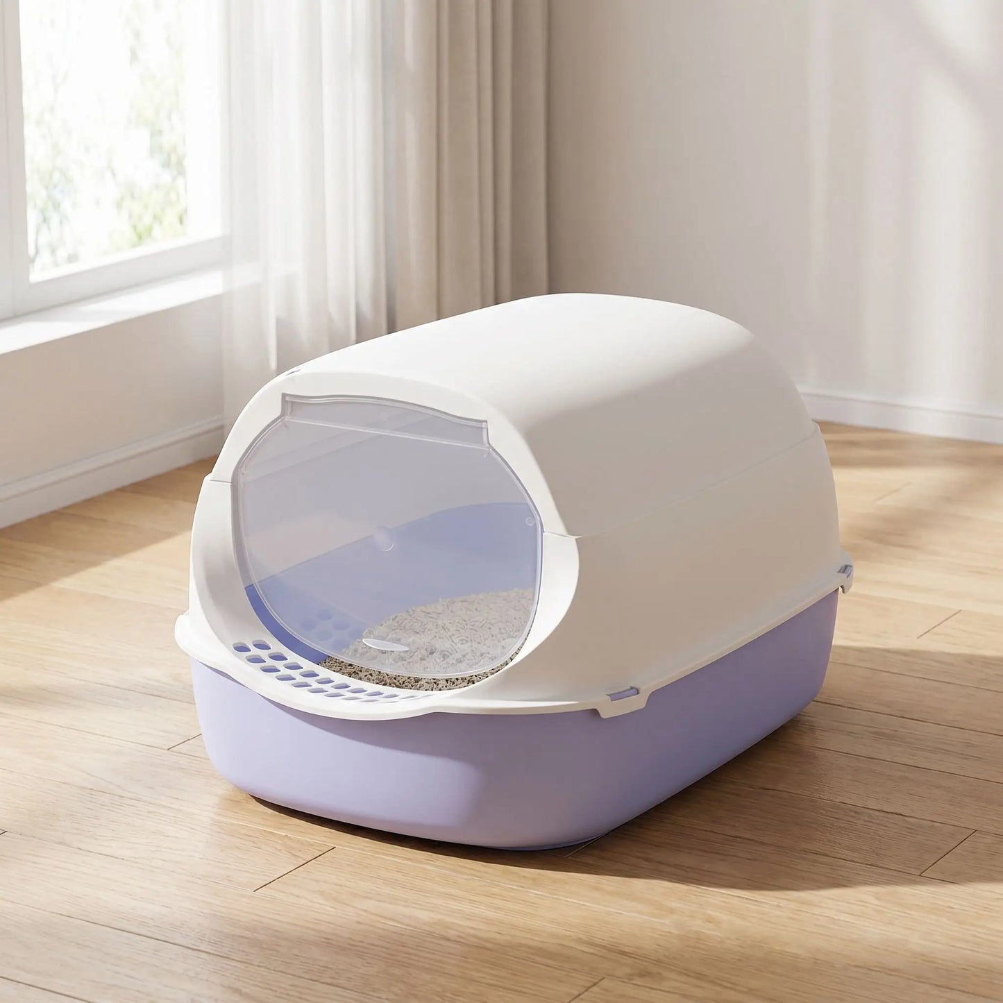 litiere fermée pour chat mauve fermée propre lumière naturelle