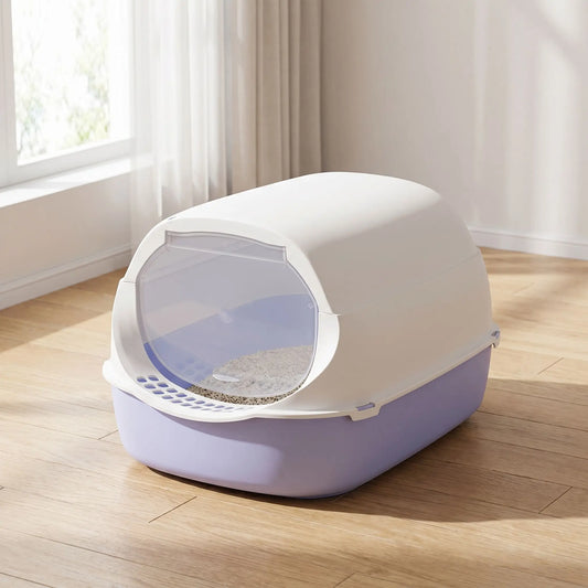 litiere fermée pour chat mauve fermée propre lumière naturelle