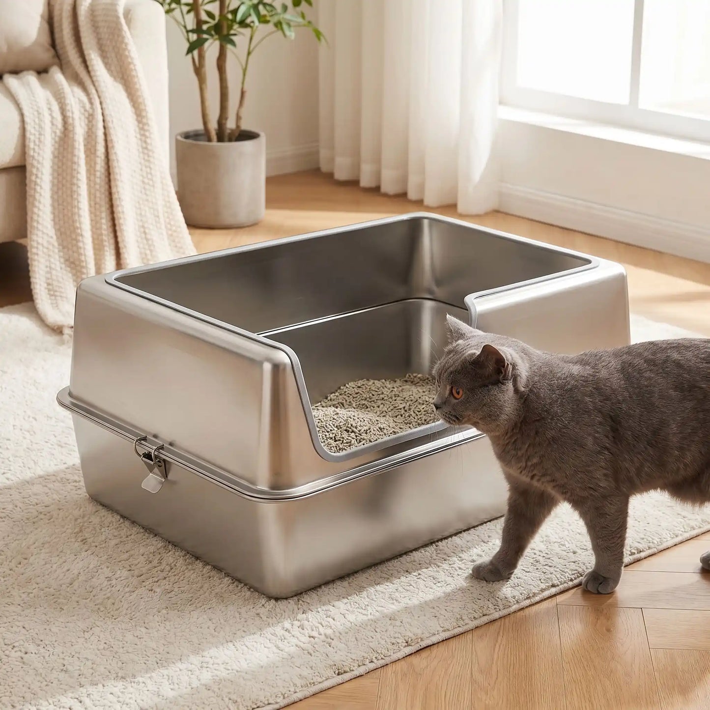 Litière inox avec chat entrant et litière visible intérieur propre