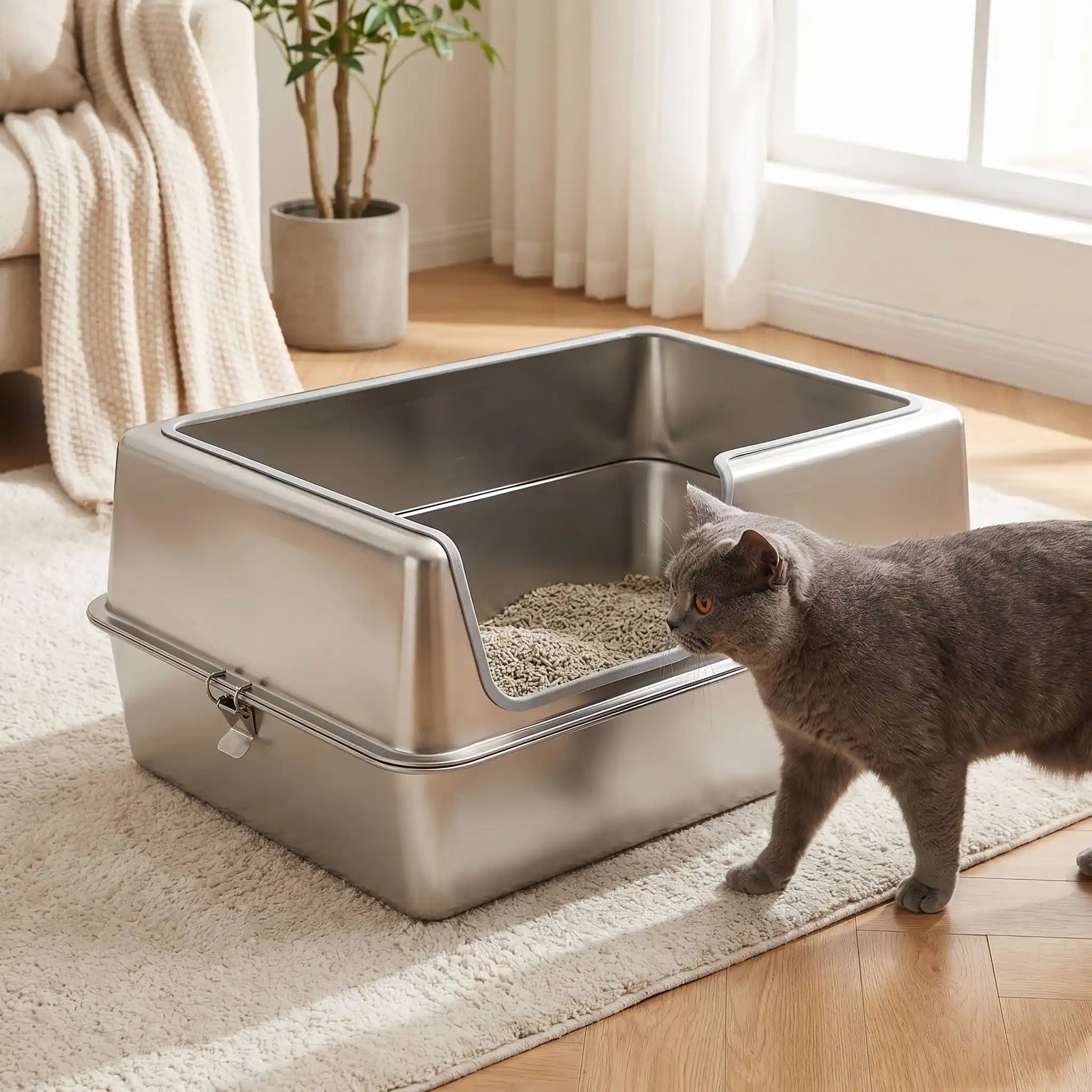 Litière inox avec chat entrant et litière visible intérieur propre