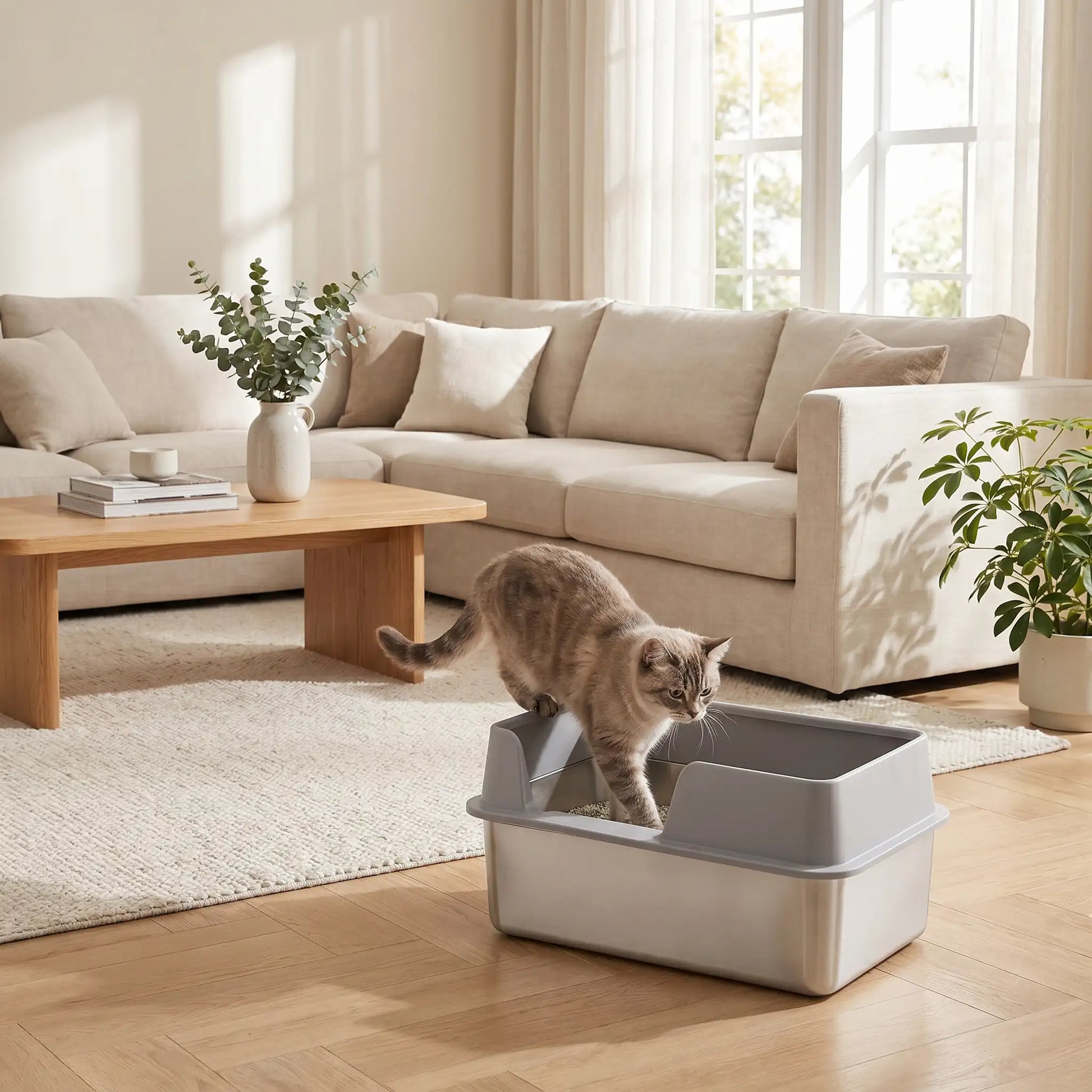 Litière en inox avec chat dans un salon moderne