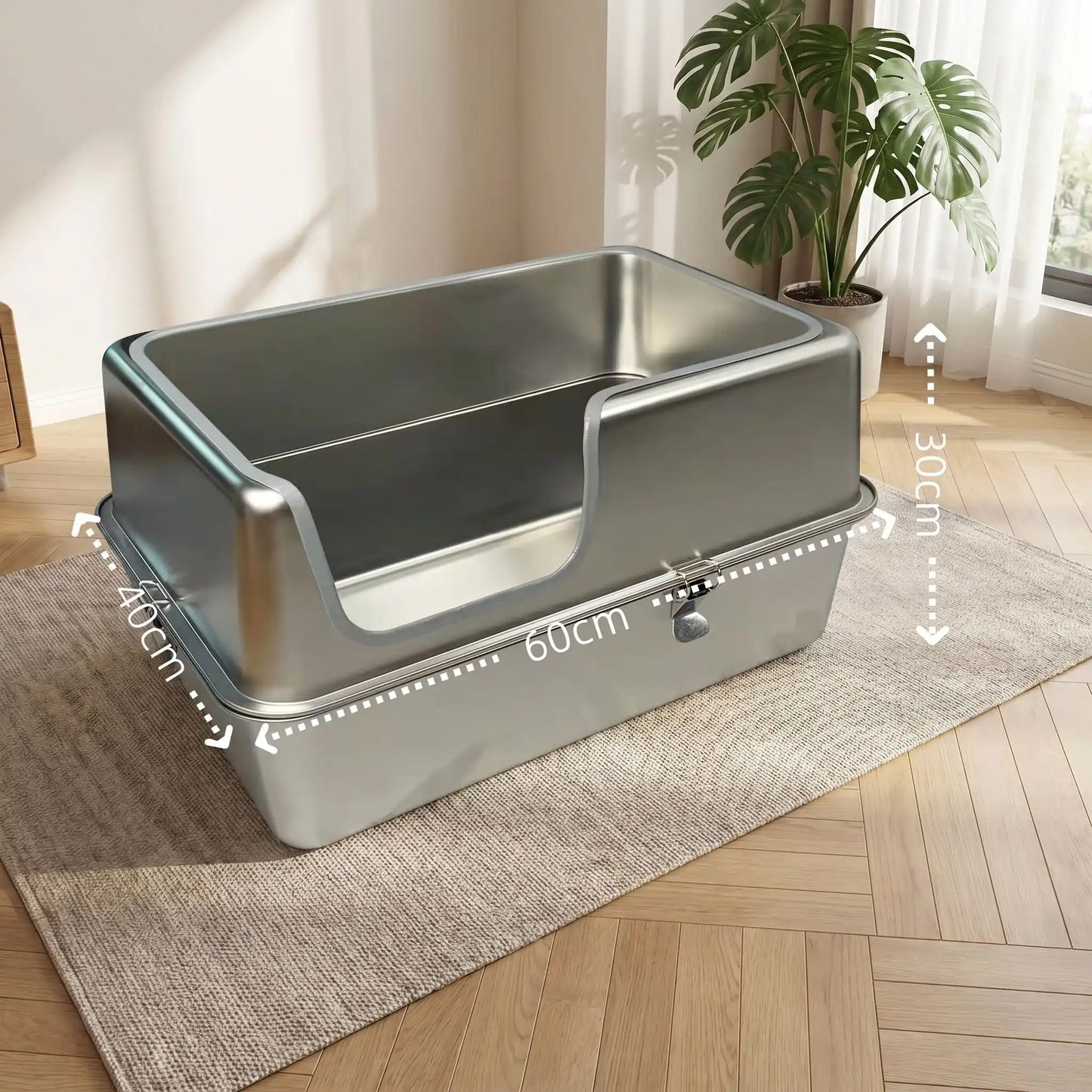 Litière inox avec dimensions visibles