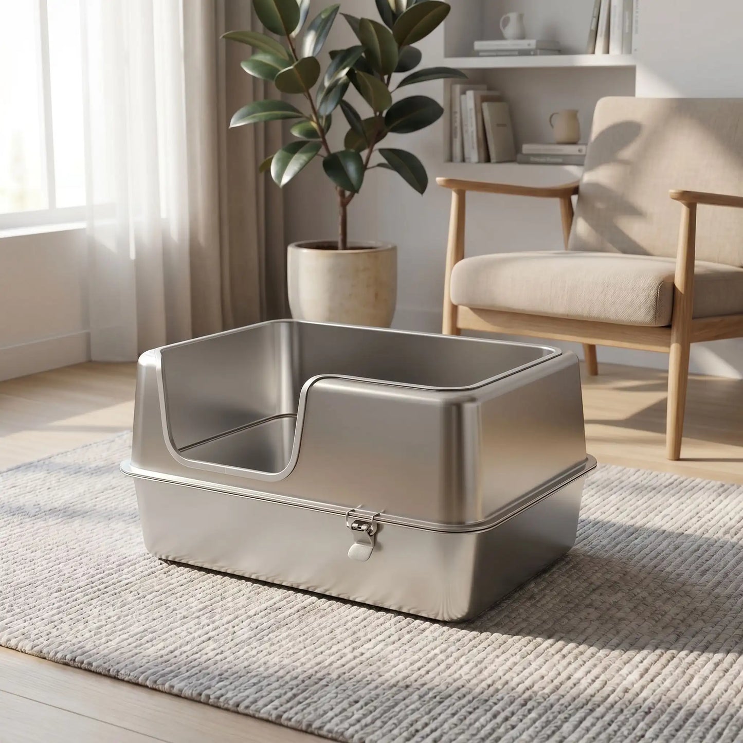 Litière inox dans salon lumineux avec plante et fauteuil moderne