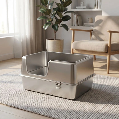 Litière inox dans salon lumineux avec plante et fauteuil moderne