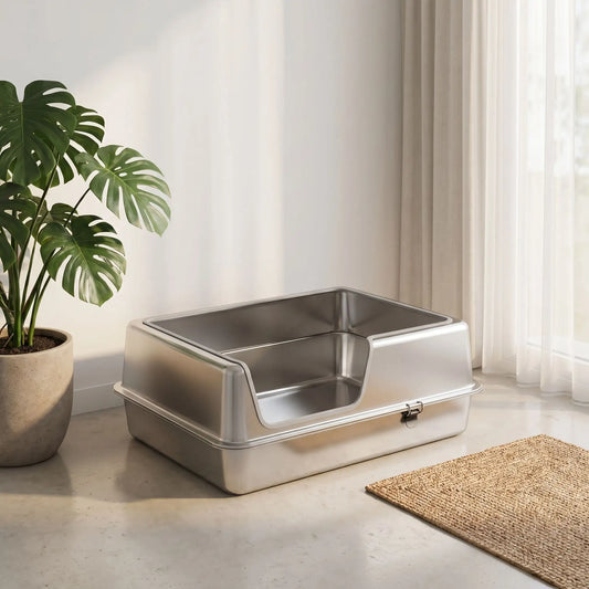 Litière inox dans salon minimaliste avec plante et lumière naturelle