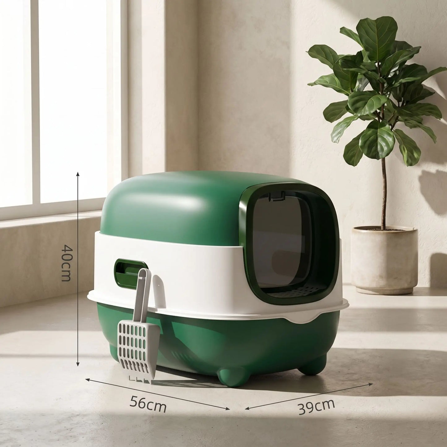 Litière pour chat fermée verte avec dimensions visibles