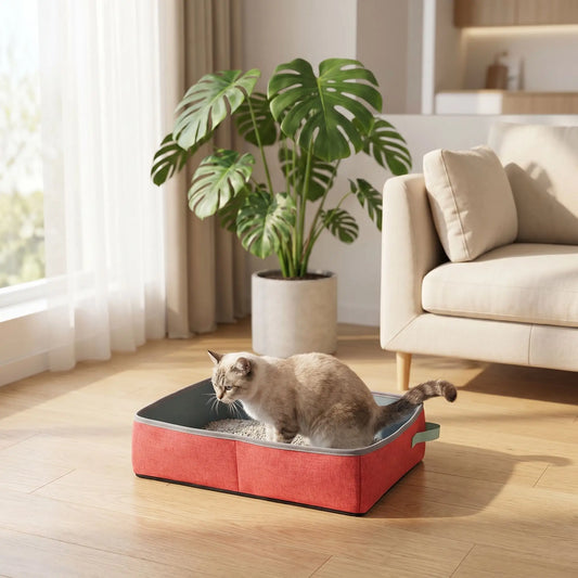 litière de voyage pour chat rouge avec un chat a l'interieur