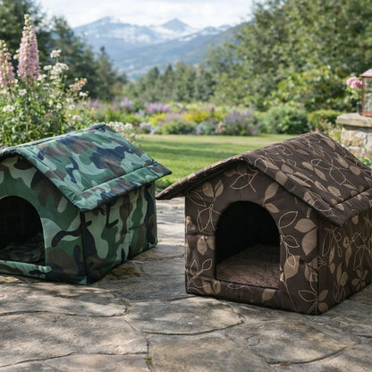 Deux maisons extérieur pour chat camouflage vert et feuille brune