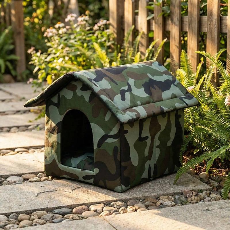 Maison extérieur pour chat camouflage vert installée dans un jardin