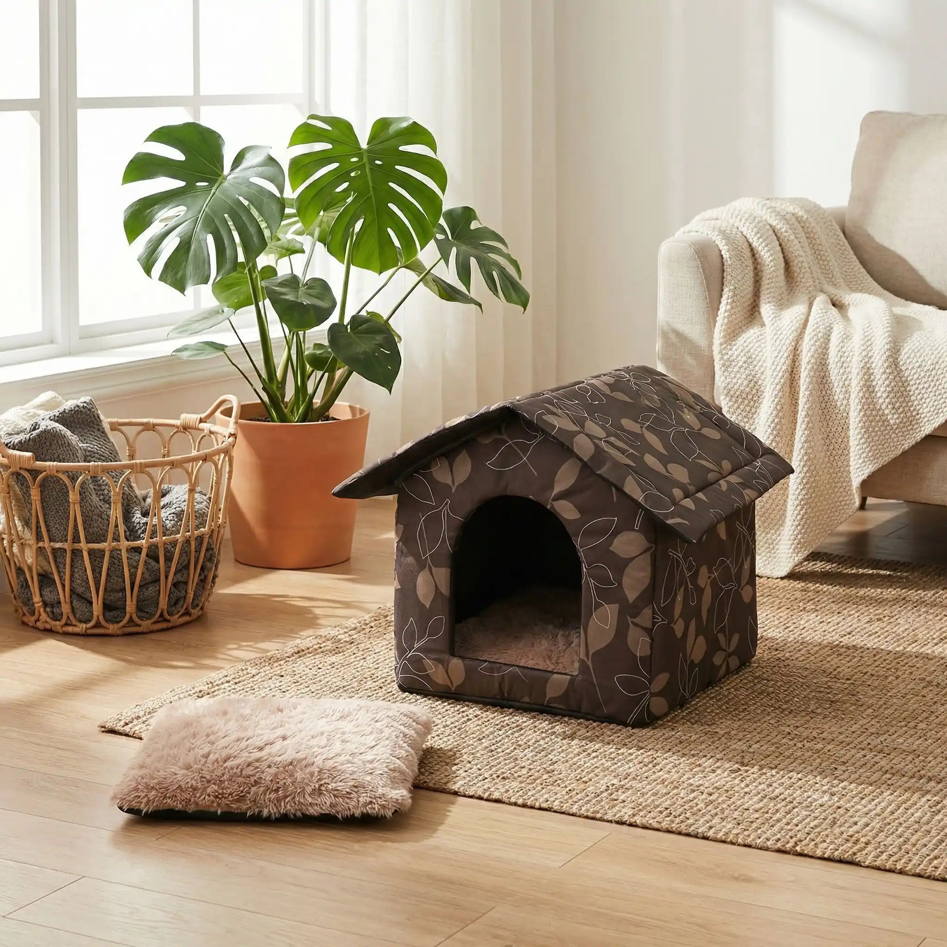 Maison extérieur pour chat feuille brune installée dans un salon