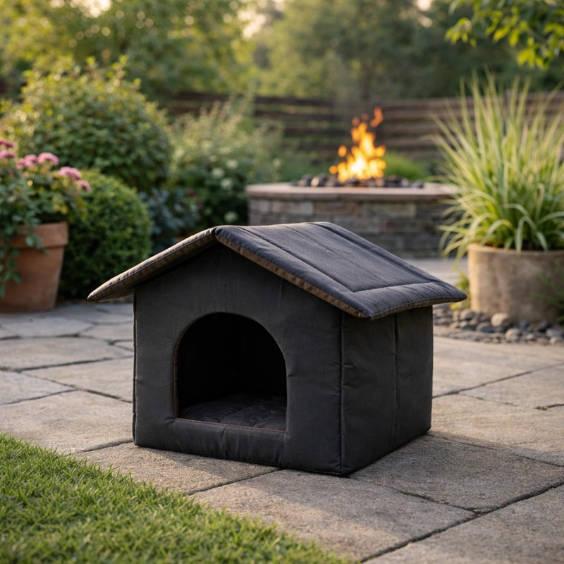 maison extérieur pour chat noire installée sur terrasse extérieure jardin