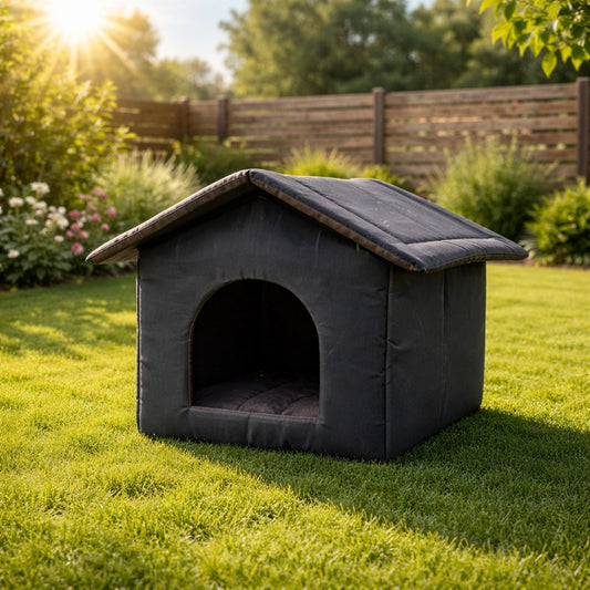 maison extérieur pour chat noire imperméable installée sur gazon