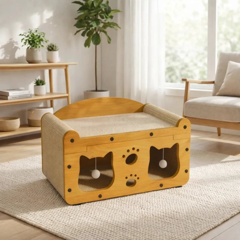 Maison griffoir chat bois avec jouets suspendus salon moderne