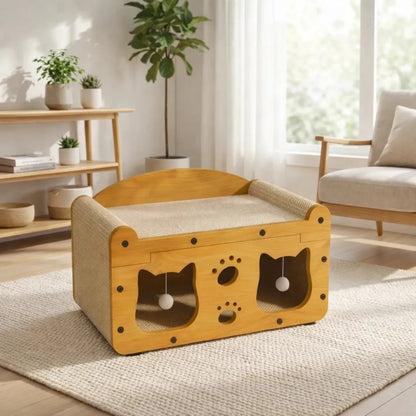 Maison griffoir chat bois avec jouets suspendus salon moderne